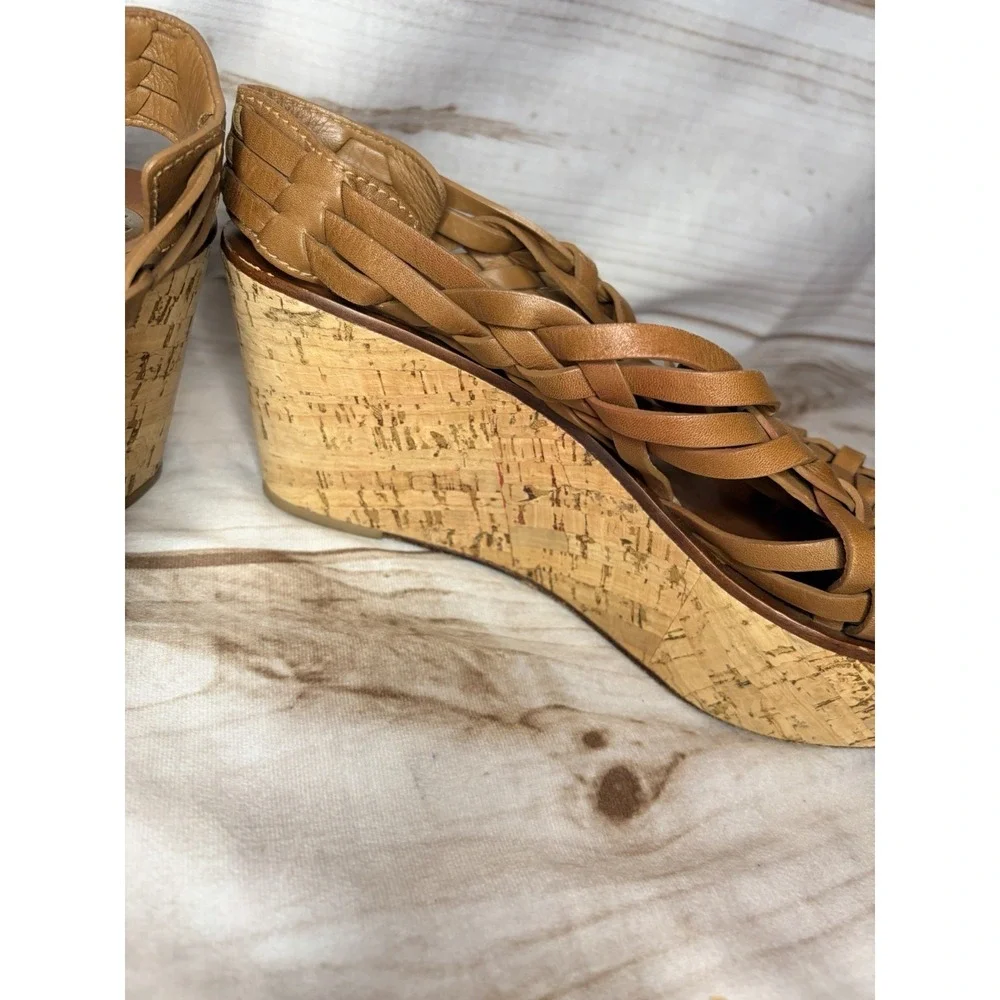 Tory Burch Tan Woven Leather Cork Platform Wedge Sandals Huarache Size 8.5M